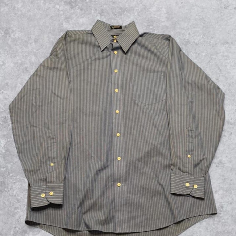Stafford Mens Blue Grey White Striped Button Up Dress Shirt Long Sleeve Pocket